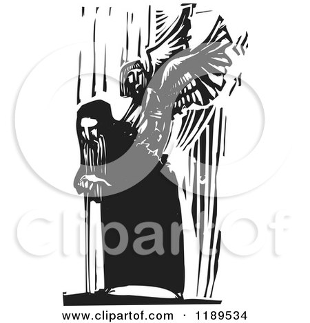 Clipart of a Bent over Old Man and Angel Emerging from His Back Black and White Woodcut - Royalty Free Vector Illustration by xunantunich