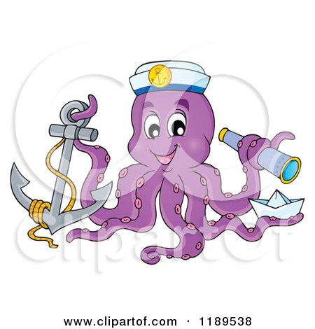 Cartoon of a Happy Captain Octopus with an Anchor Paper Boat and Telescope - Royalty Free Vector Clipart by visekart