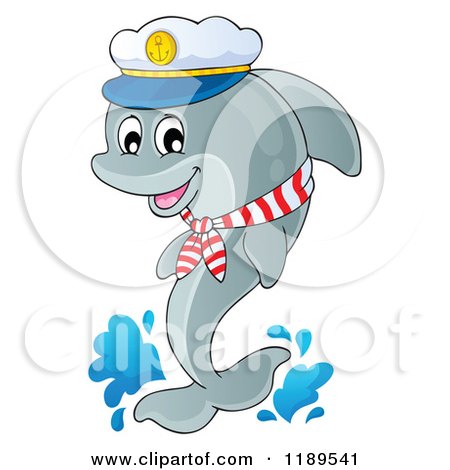 Cartoon of a Happy Captain Dolphin Jumping out of Water - Royalty Free Vector Clipart by visekart