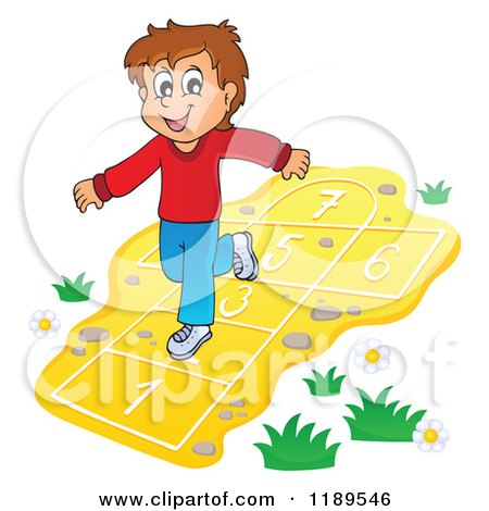 Cartoon of a Happy Boy Playing Hop Scotch - Royalty Free Vector Clipart by visekart