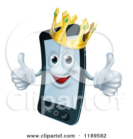 Cartoon of a Happy Cell Phone Mascot Wearing a Crown and Holding Two Thumbs up - Royalty Free Vector Clipart by AtStockIllustration