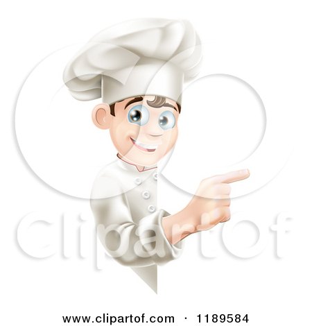 Cartoon of a Happy Young Chef Pointing Around a Menu or Sign Board - Royalty Free Vector Clipart by AtStockIllustration