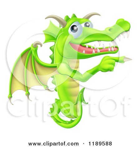 Cartoon of a Happy Green Dragon Pointing at a Sign - Royalty Free Vector Clipart by AtStockIllustration