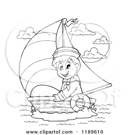 Cartoon of an Outlined Happy Sailor Boy in a Boat - Royalty Free Vector Clipart by visekart