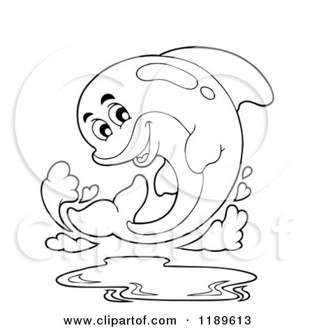 Cartoon of an Outlined Happy Dolphin Leaping out of Water - Royalty Free Vector Clipart by visekart