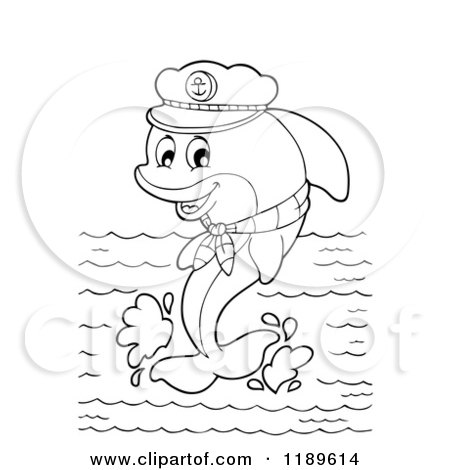 Cartoon of an Outlined Happy Captain Dolphin Jumping out of Water - Royalty Free Vector Clipart by visekart