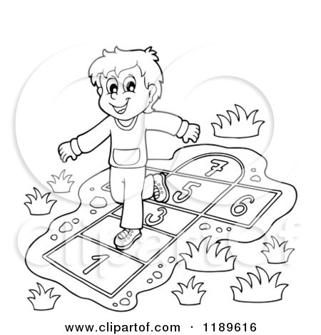 Cartoon of an Outlined Happy Boy Playing Hop Scotch - Royalty Free Vector Clipart by visekart