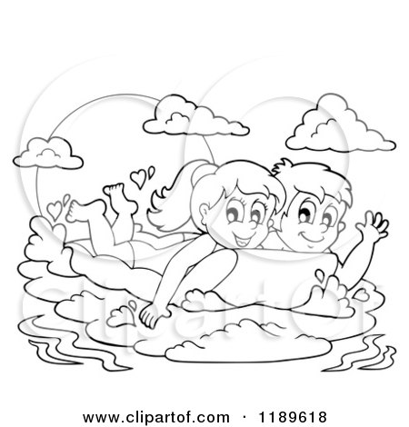 Cartoon of Outlined Happy Children Swimming on an Inflatable Mattress - Royalty Free Vector Clipart by visekart