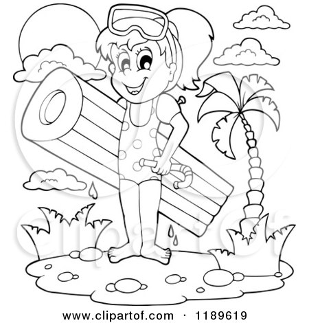 Cartoon of an Outlined Happy Girl with an Inflatable Mattress and Snorkel Gear - Royalty Free Vector Clipart by visekart