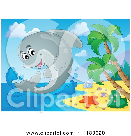 Cartoon of a Happy Dolphin Leaping out of Water by an Island Beach - Royalty Free Vector Clipart by visekart