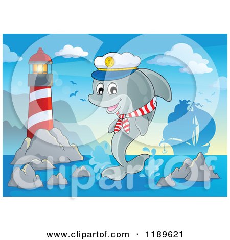 Cartoon of a Happy Captain Dolphin Jumping out of Water by a Lighthouse and Pirate Ship - Royalty Free Vector Clipart by visekart