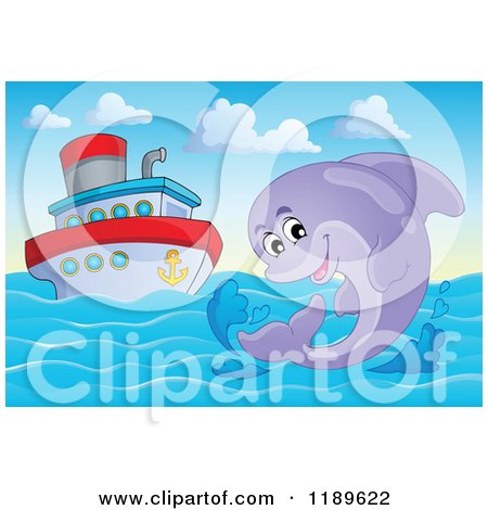 Cartoon of a Happy Dolphin Leaping out of Water by a Ship - Royalty Free Vector Clipart by visekart