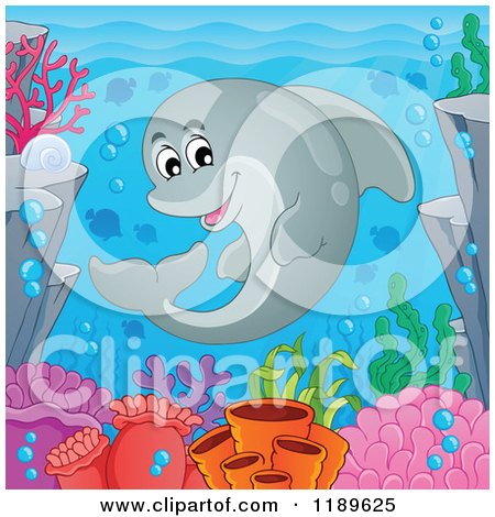Cartoon of a Happy Dolphin Swimming over a Reef - Royalty Free Vector Clipart by visekart