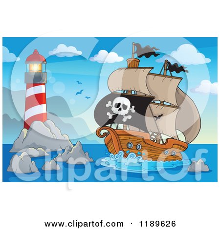 Cartoon of a Pirate Ship near an Island Lighthouse - Royalty Free Vector Clipart by visekart