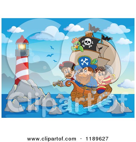 Cartoon of a Buccaneers on a Pirate Ship near a Lighthouse - Royalty Free Vector Clipart by visekart