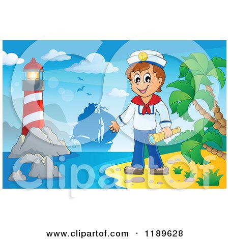 Cartoon of a Happy Sailor Boy Holding a Spyglass on a Beach, with a Lighthouse and Ship in the Distance - Royalty Free Vector Clipart by visekart