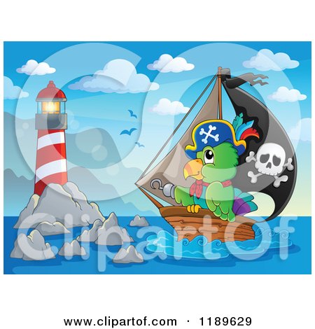 Cartoon of a Pirate Parrot on a Ship near a Lighthouse - Royalty Free Vector Clipart by visekart