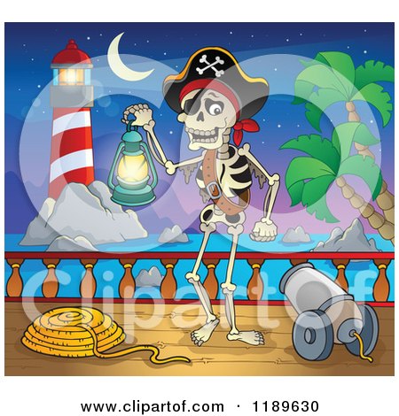 Cartoon of a Skeleton Pirate Holding a Lanteron on a Ship Deck, near a Lighthouse at Night - Royalty Free Vector Clipart by visekart