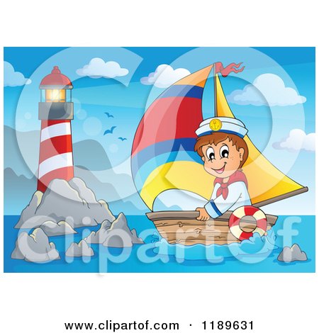 Cartoon of a Happy Sailor Boy in a Boat near a Lighthouse - Royalty Free Vector Clipart by visekart
