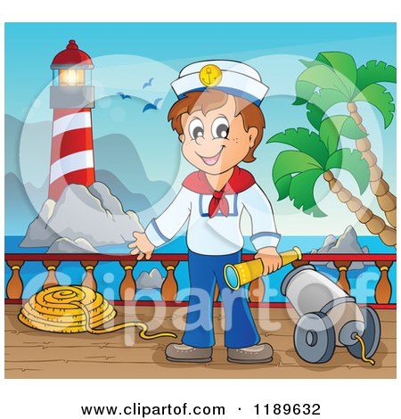 Cartoon of a Happy Sailor Boy Holding a Spyglass by a Cannon on a Boat Deck - Royalty Free Vector Clipart by visekart