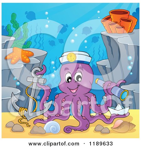Cartoon of a Happy Captain Octopus with an Anchor Paper Boat and Telescope Under the Sea - Royalty Free Vector Clipart by visekart