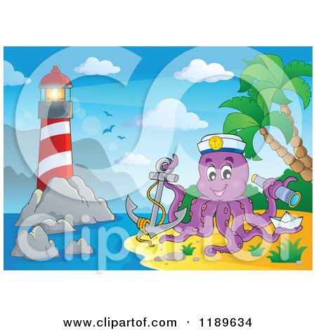 Cartoon of a Happy Captain Octopus on an Island near a Lighthouse - Royalty Free Vector Clipart by visekart