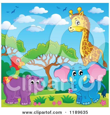 Cartoon of a Cute African Hippo Giraffe Elephant and Parrot in a Landscape - Royalty Free Vector Clipart by visekart
