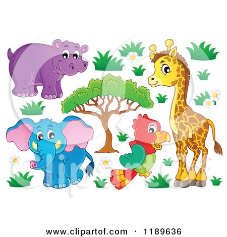 Cartoon of a Cute African Hippo Giraffe Elephant and Parrot with Plants - Royalty Free Vector Clipart by visekart