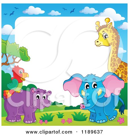 Cartoon of a Cute African Hippo Giraffe Elephant and Parrot Border - Royalty Free Vector Clipart by visekart