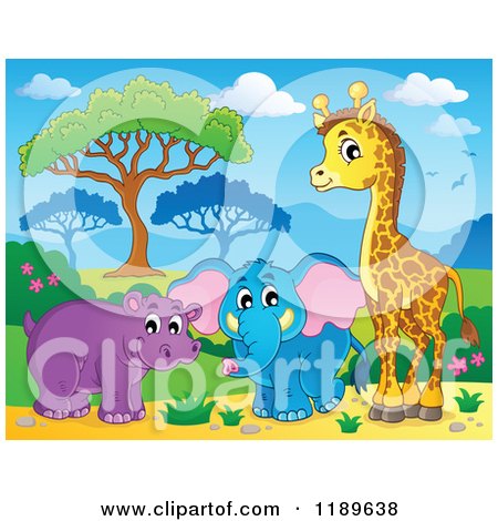 Cartoon of a Cute African Hippo Giraffe and Elephant in a Landscape - Royalty Free Vector Clipart by visekart