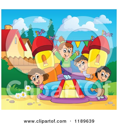 Cartoon of Happy Children Playing on a Bouncy House Castle in a Yard - Royalty Free Vector Clipart by visekart