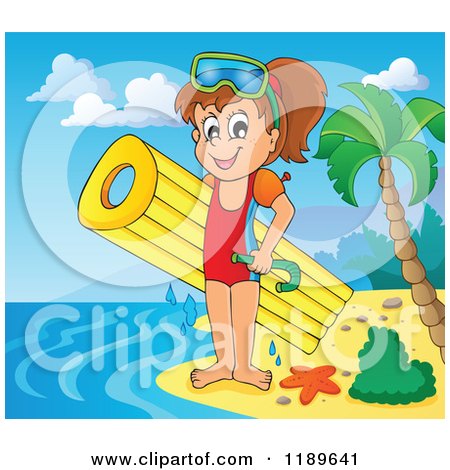 Cartoon of a Happy Girl with an Inflatable Mattress and Snorkel Gear on a Beach - Royalty Free Vector Clipart by visekart