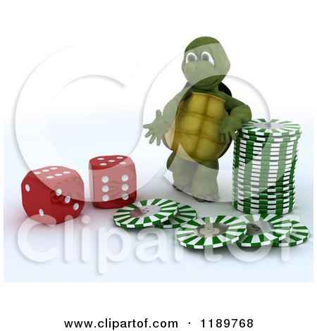 Clipart of a 3d Tortoise with Dice and Casino Poker Chips - Royalty Free CGI Illustration by KJ Pargeter