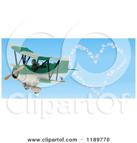 Clipart of a 3d Tortoise Pilot Making a Heart in the Sky with a Biplane - Royalty Free CGI Illustration by KJ Pargeter