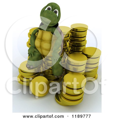 Clipart of a 3d Tortoise Sitting on Gold Coins - Royalty Free CGI Illustration by KJ Pargeter