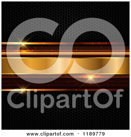 Clipart of a Futuristic Abstract Background of Golden Lights over 3d Perforated Metal - Royalty Free Vector Illustration by KJ Pargeter