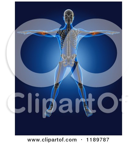 Clipart of a 3d Xray Man with a Glowing Elbow Joints and Visible Skeleton, Standing with His Arms out - Royalty Free CGI Illustration by KJ Pargeter