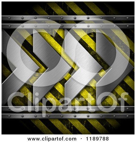 Clipart of a Hazard Stripes Background with 3d Silver Arrows - Royalty Free CGI Illustration by KJ Pargeter