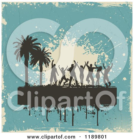 Clipart of Silhouetted Beach Party Dancers Palm Trees with Grunge on Blue - Royalty Free Vector Illustration by KJ Pargeter