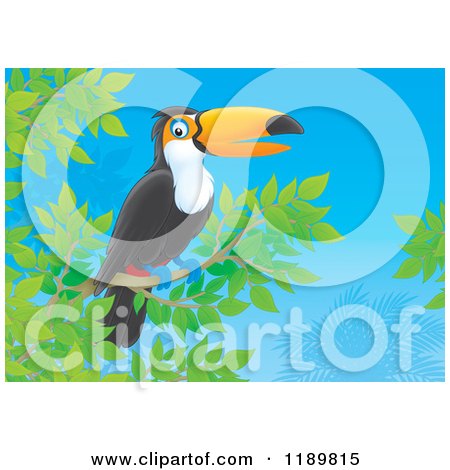 Cartoon of a Happy Toucan Bird Resting on a Branch - Royalty Free Clipart by Alex Bannykh
