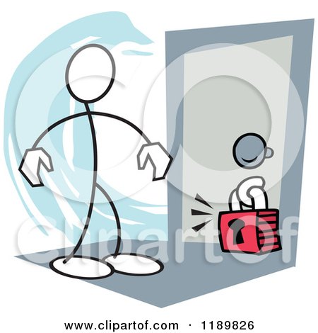Cartoon of a Stickler Man Locked out of a Room, over a Blue Accent - Royalty Free Vector Clipart by Johnny Sajem
