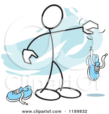 Cartoon of a Stickler Man Dropping the Other Shoe, over a Blue Accent - Royalty Free Vector Clipart by Johnny Sajem