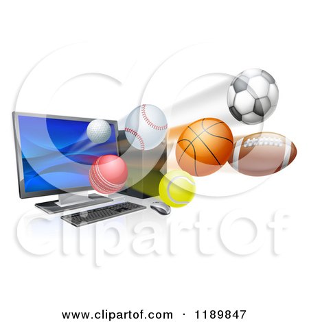 Clipart of a Desktop Computer and Sports Balls Flying from the Screen - Royalty Free Vector Illustration by AtStockIllustration