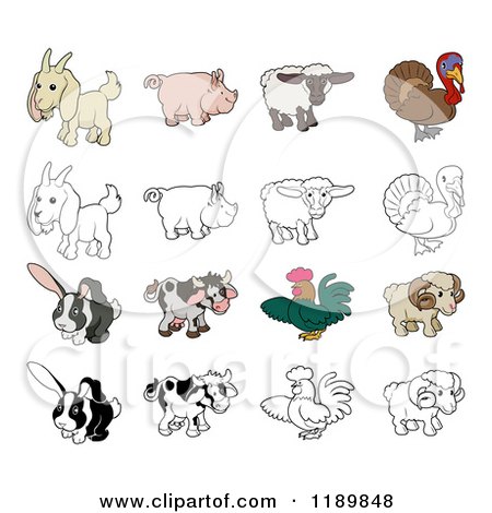 Cartoon of a Goat Pig Sheep Turkey Rabbit Cow Rooster and Ram in Color and Black and White - Royalty Free Vector Clipart by AtStockIllustration