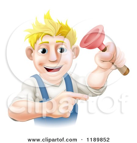 Cartoon of a Happy Young Blond Plumber Holding a Plunger - Royalty Free Vector Clipart by AtStockIllustration
