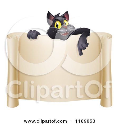 Cartoon of a Happy Black Cat Pointing down over a Scroll Sign - Royalty Free Vector Clipart by AtStockIllustration