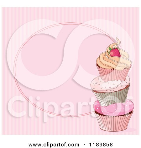 Cartoon of a Pink Striped Cupcake Background with Copyspace - Royalty Free Vector Clipart by Pushkin