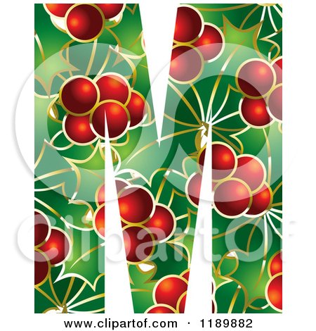 Clipart of a Christmas Holly and Berry Capital Letter M - Royalty Free Vector Illustration by Lal Perera