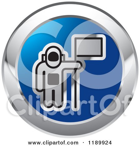 Clipart of a Round Silver and Blue Astronaut and Flag Icon - Royalty Free Vector Illustration by Lal Perera