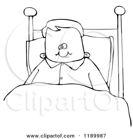 Cartoon of an Outlined Boy Sitting up in Bed - Royalty Free Vector Clipart by djart